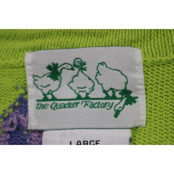 Quaker Factory Lime Green Embroidered Beaded Sweater-Large-Button Up-Birds - Picture 10 of 15